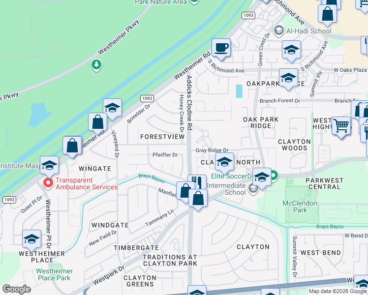 map of restaurants, bars, coffee shops, grocery stores, and more near 15707 Wingdale Drive in Houston
