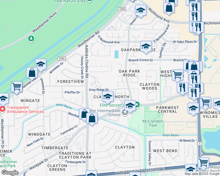 map of restaurants, bars, coffee shops, grocery stores, and more near 15250 Gray Ridge Drive in Houston