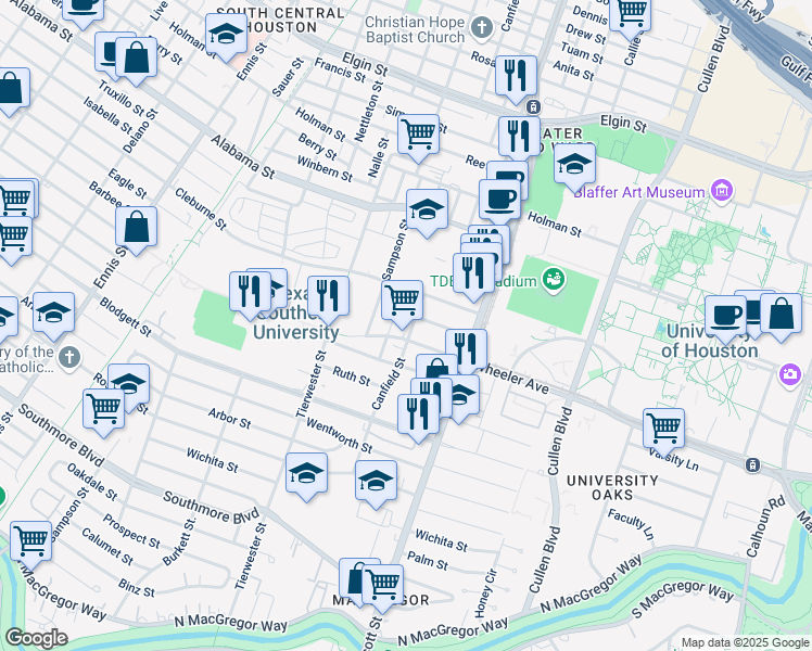 map of restaurants, bars, coffee shops, grocery stores, and more near 3830 Canfield Street in Houston