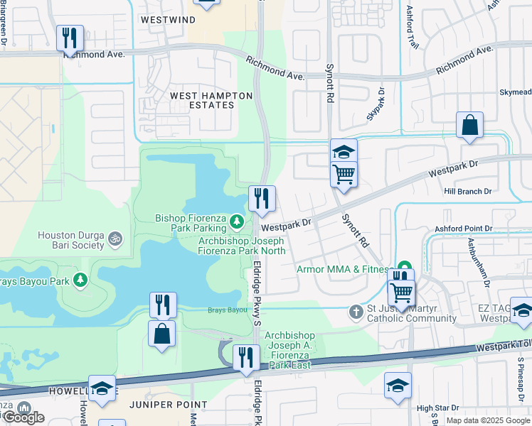 map of restaurants, bars, coffee shops, grocery stores, and more near 13415 Cricket Wood Circle in Houston