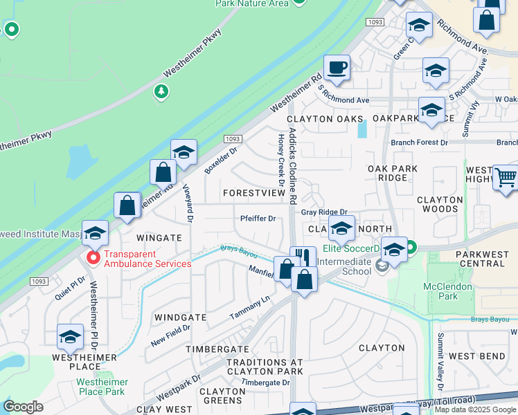 map of restaurants, bars, coffee shops, grocery stores, and more near 15803 Wingdale Drive in Houston