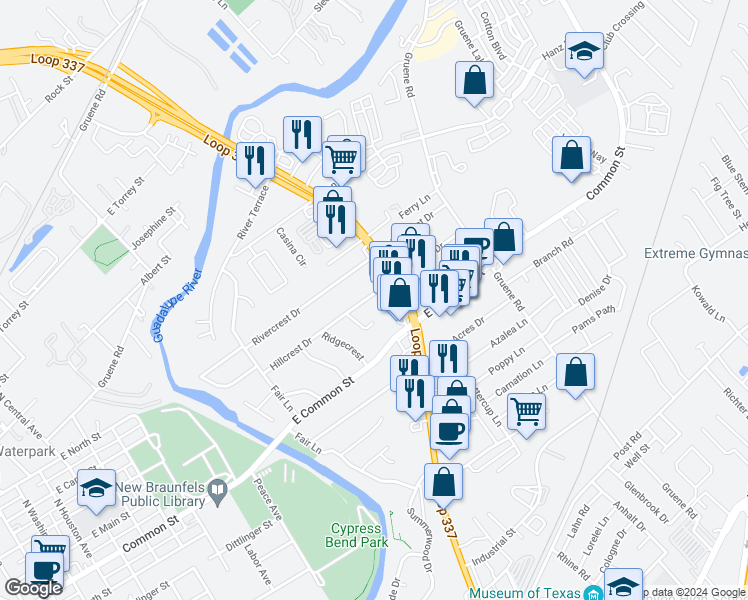 map of restaurants, bars, coffee shops, grocery stores, and more near 1274 Hillcrest Drive in New Braunfels