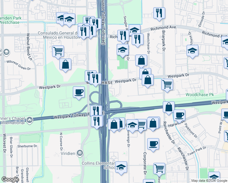 map of restaurants, bars, coffee shops, grocery stores, and more near 4033 West Sam Houston Parkway South in Houston