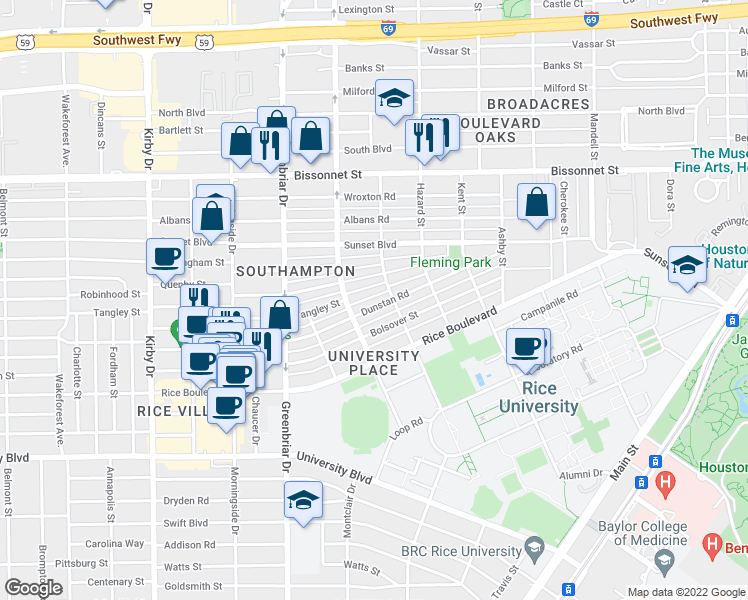 map of restaurants, bars, coffee shops, grocery stores, and more near 2122 Dunstan Road in Houston