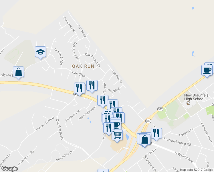 map of restaurants, bars, coffee shops, grocery stores, and more near 1748 Oak Sprawl in New Braunfels