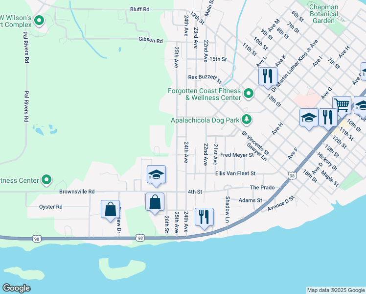 map of restaurants, bars, coffee shops, grocery stores, and more near 170 24th Ave in Apalachicola
