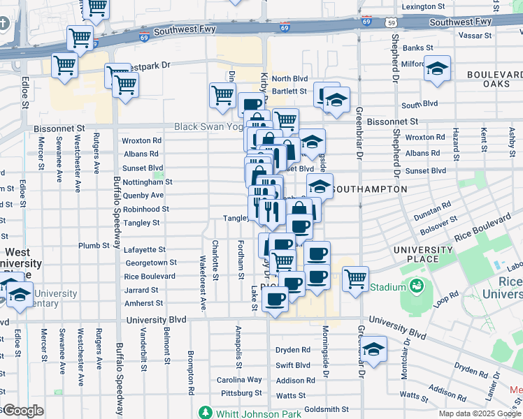 map of restaurants, bars, coffee shops, grocery stores, and more near 5706 Kirby Drive in Houston