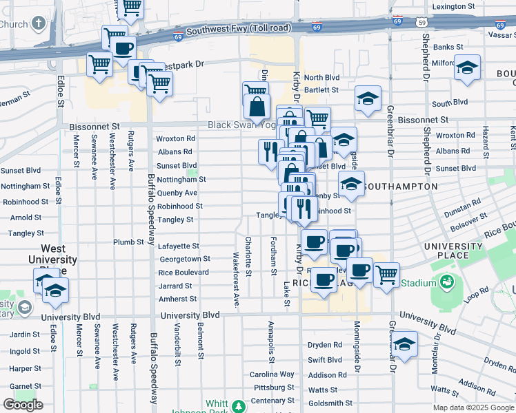 map of restaurants, bars, coffee shops, grocery stores, and more near 2715 Robinhood Street in Houston