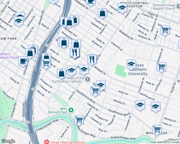 map of restaurants, bars, coffee shops, grocery stores, and more near in Houston