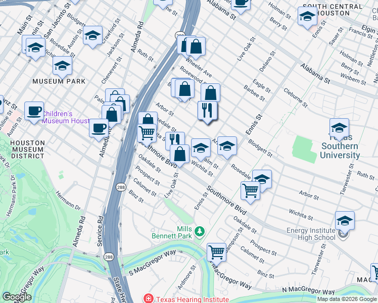 map of restaurants, bars, coffee shops, grocery stores, and more near 2631 Palm Street in Houston
