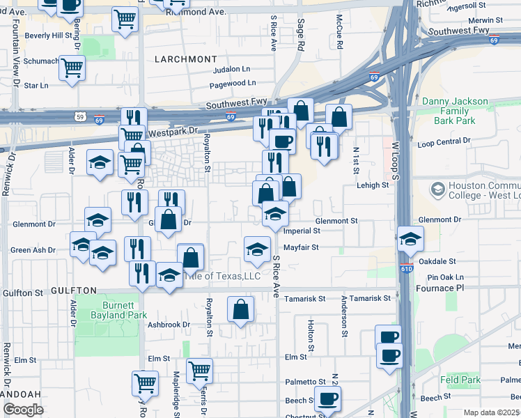 map of restaurants, bars, coffee shops, grocery stores, and more near 5612 South Rice Avenue in Houston