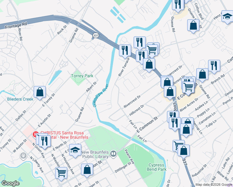 map of restaurants, bars, coffee shops, grocery stores, and more near 853 Fair Lane in New Braunfels
