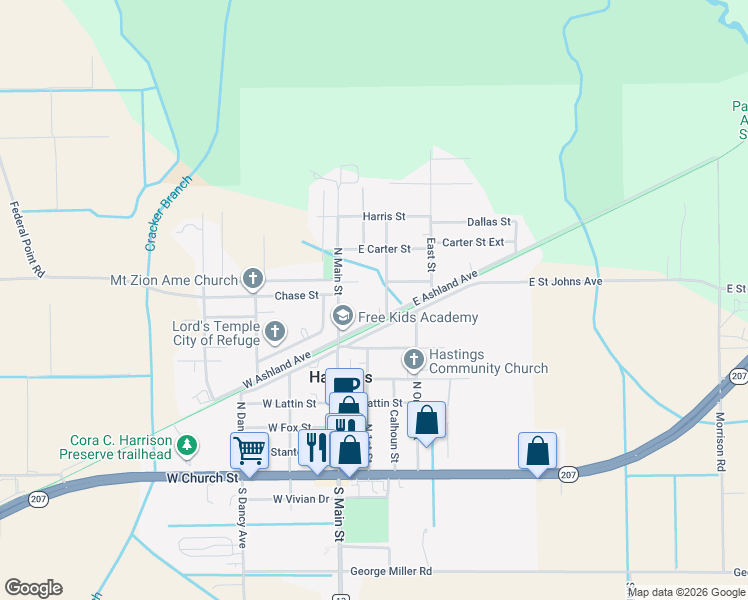 map of restaurants, bars, coffee shops, grocery stores, and more near 505 Wilson Road in Hastings