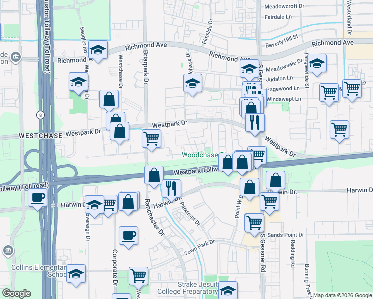 map of restaurants, bars, coffee shops, grocery stores, and more near 10165 Oakberry Street in Houston