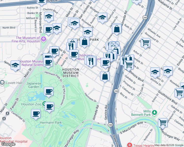 map of restaurants, bars, coffee shops, grocery stores, and more near 1820 Binz Street in Houston