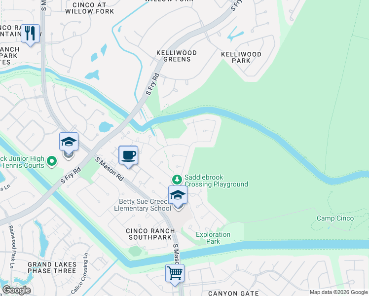 map of restaurants, bars, coffee shops, grocery stores, and more near 21907 Windmill Bluff Lane in Katy