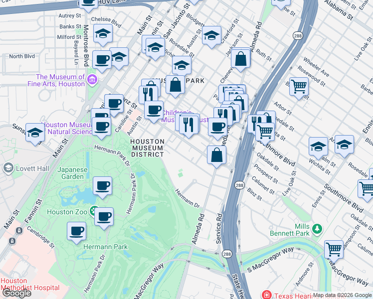 map of restaurants, bars, coffee shops, grocery stores, and more near 1820 Binz Street in Houston