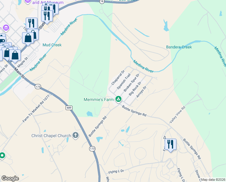map of restaurants, bars, coffee shops, grocery stores, and more near 143 Spanish Trail in Bandera