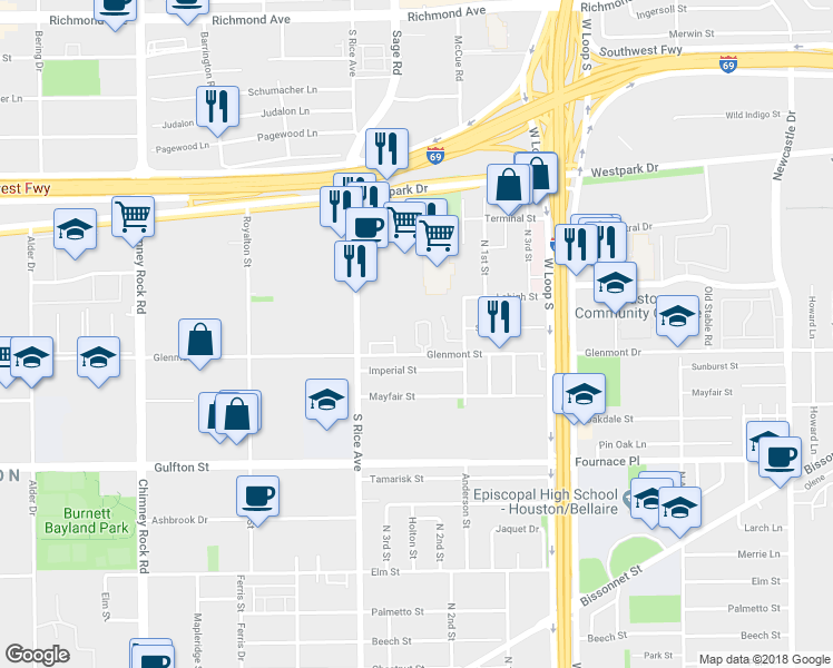 map of restaurants, bars, coffee shops, grocery stores, and more near 5616 Mina Way in Houston
