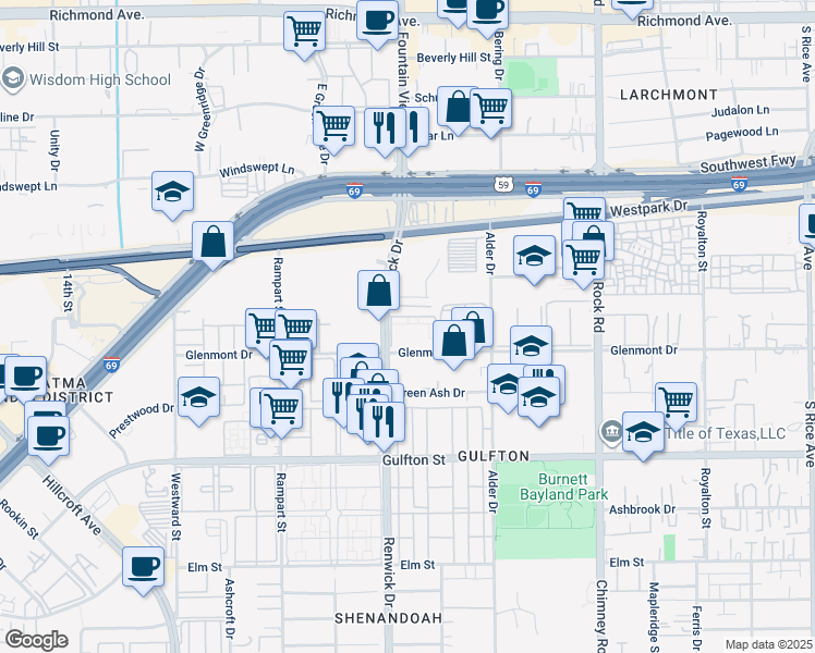 map of restaurants, bars, coffee shops, grocery stores, and more near 5840 Glenmont Drive in Houston