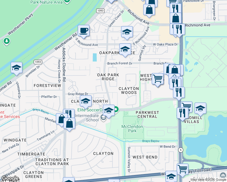 map of restaurants, bars, coffee shops, grocery stores, and more near 14922 Gray Ridge Drive in Houston