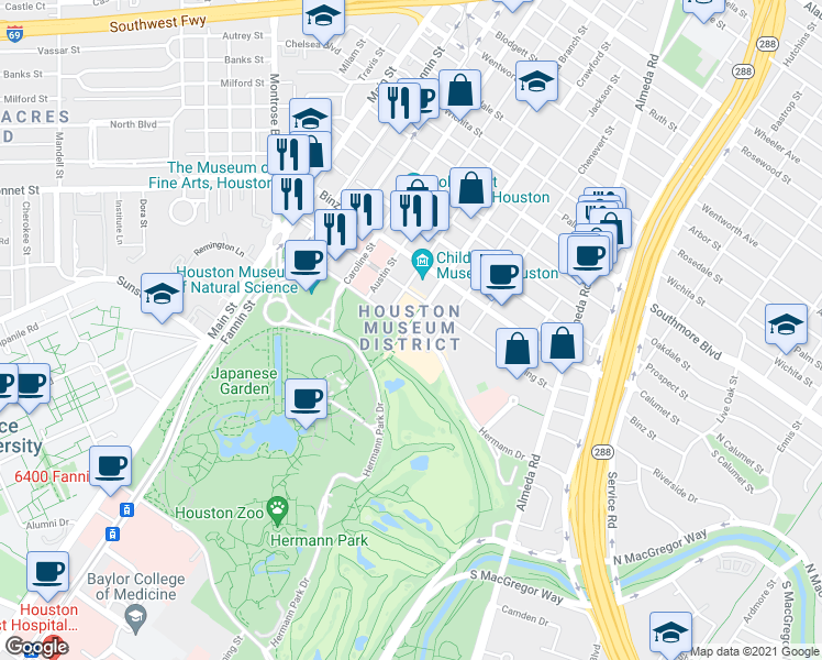 map of restaurants, bars, coffee shops, grocery stores, and more near Crawford St & Hermann Dr in Houston