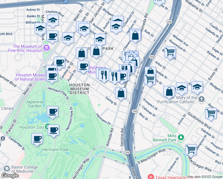 map of restaurants, bars, coffee shops, grocery stores, and more near 1915 Binz Street in Houston