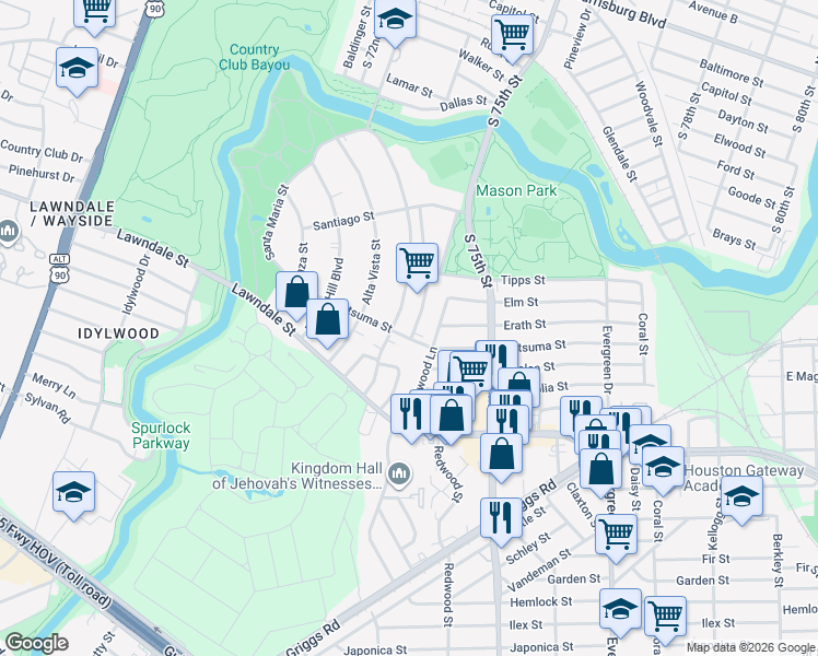 map of restaurants, bars, coffee shops, grocery stores, and more near 1952 Santa Rosa Street in Houston