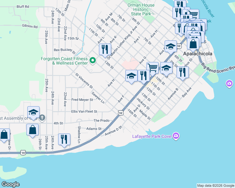 map of restaurants, bars, coffee shops, grocery stores, and more near 120 15th Street in Apalachicola