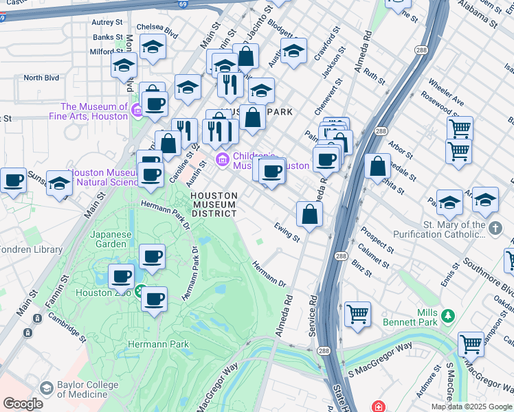 map of restaurants, bars, coffee shops, grocery stores, and more near 1803 Ewing Street in Houston