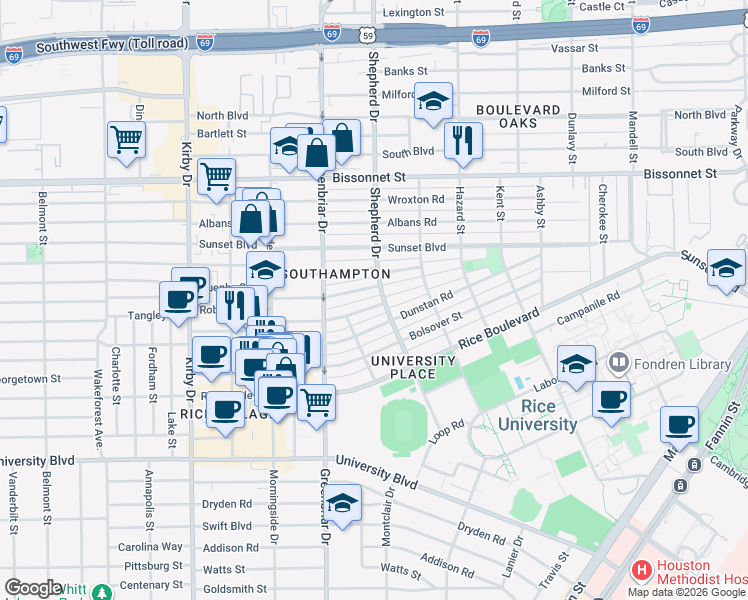 map of restaurants, bars, coffee shops, grocery stores, and more near 2208 Tangley Street in Houston