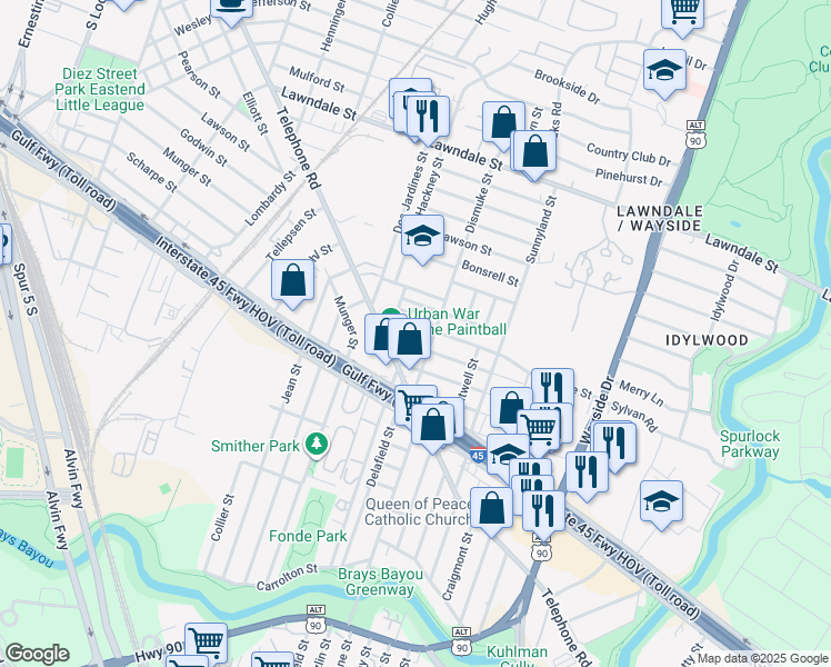 map of restaurants, bars, coffee shops, grocery stores, and more near 2008 Dismuke Street in Houston