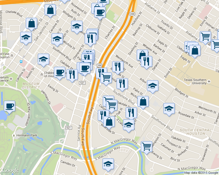 map of restaurants, bars, coffee shops, grocery stores, and more near 2415 Southmore Boulevard in Houston