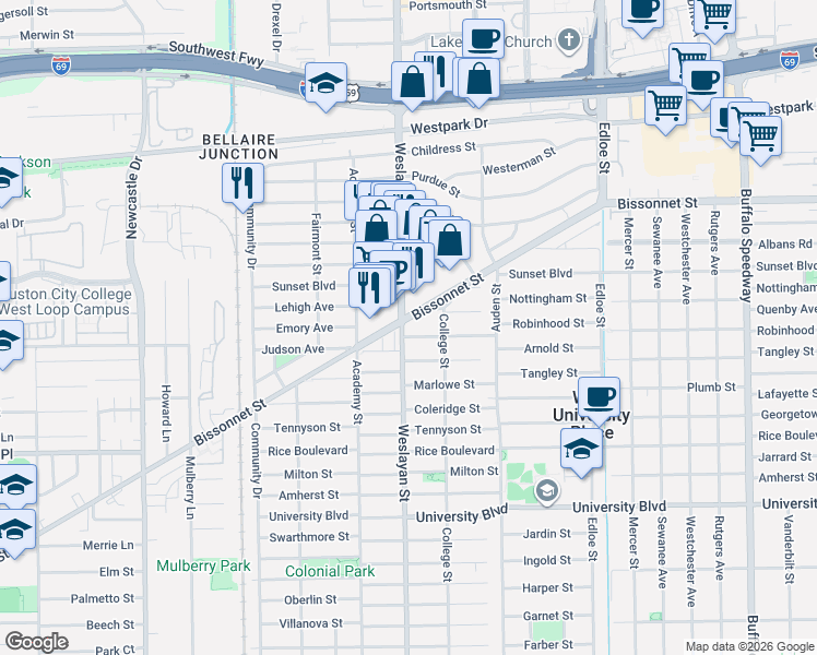 map of restaurants, bars, coffee shops, grocery stores, and more near 3918 Browning Street in Houston
