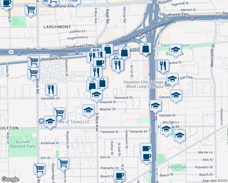 map of restaurants, bars, coffee shops, grocery stores, and more near 5616 Mina Way in Houston