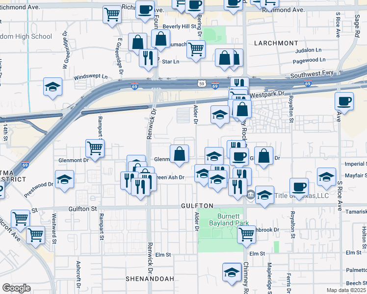 map of restaurants, bars, coffee shops, grocery stores, and more near 5720 Glenmont Drive in Houston