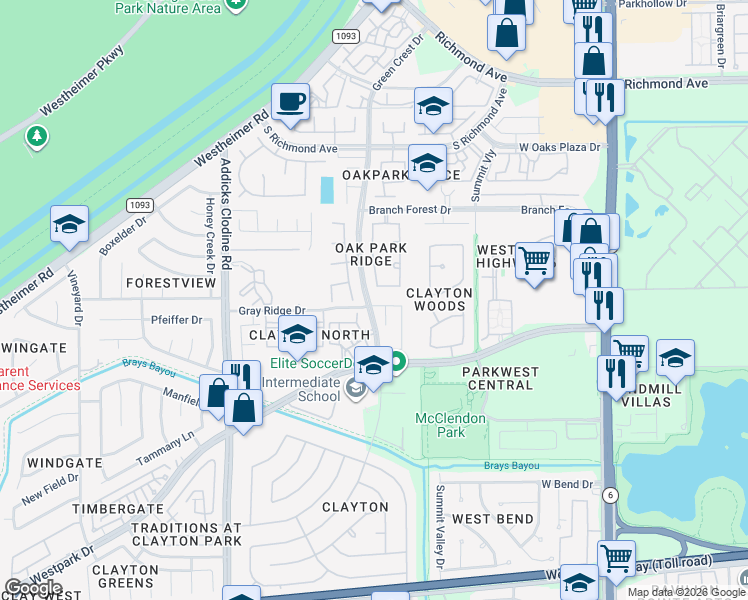 map of restaurants, bars, coffee shops, grocery stores, and more near 14922 Gray Ridge Drive in Houston