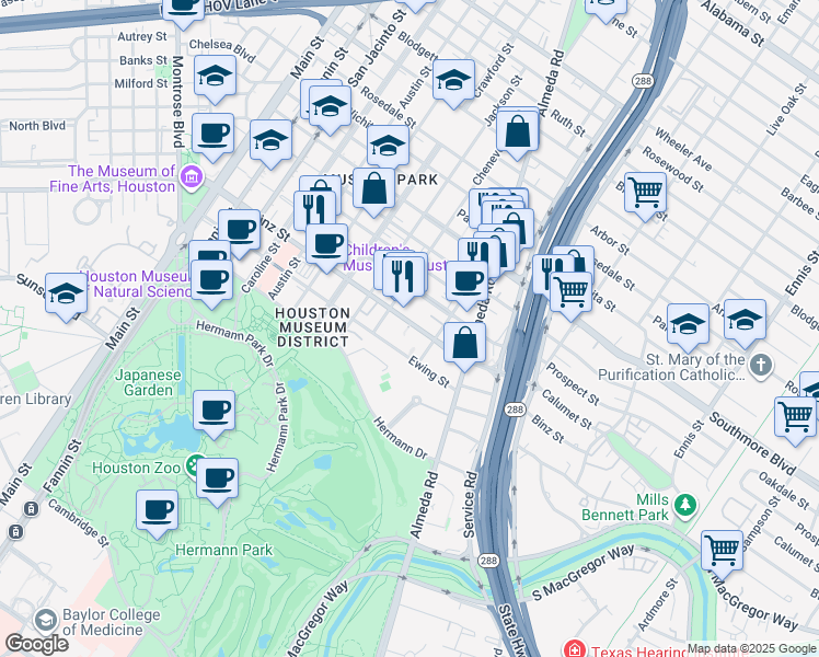 map of restaurants, bars, coffee shops, grocery stores, and more near 1820 Binz Street in Houston