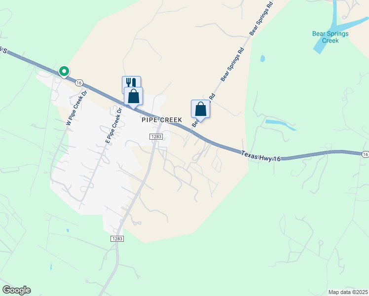 map of restaurants, bars, coffee shops, grocery stores, and more near 10172 State Highway 16 South in Pipe Creek