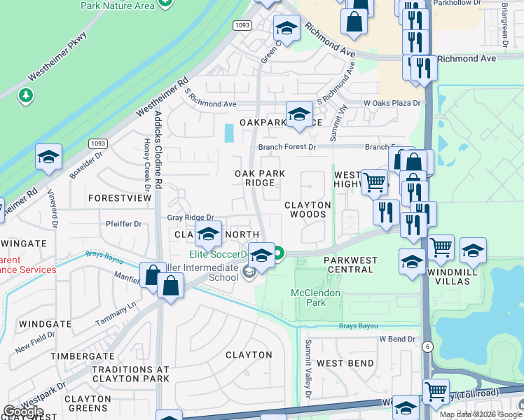 map of restaurants, bars, coffee shops, grocery stores, and more near 14922 Gray Ridge Drive in Houston