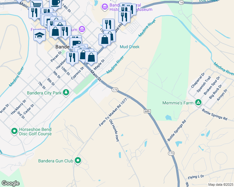 map of restaurants, bars, coffee shops, grocery stores, and more near 286 Texas 173 in Bandera