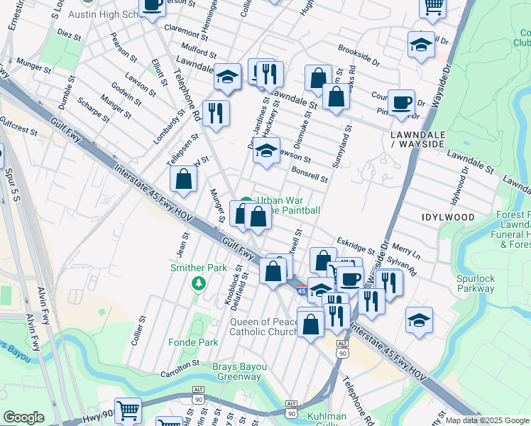 map of restaurants, bars, coffee shops, grocery stores, and more near 5534 Eskridge Street in Houston