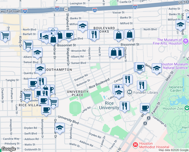 map of restaurants, bars, coffee shops, grocery stores, and more near 1932 Bolsover Street in Houston