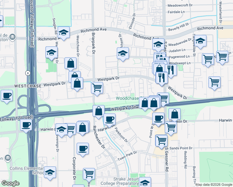 map of restaurants, bars, coffee shops, grocery stores, and more near 10165 Oakberry Street in Houston