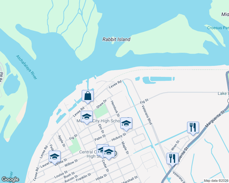 map of restaurants, bars, coffee shops, grocery stores, and more near 2701-2799 Shaw Drive in Morgan City