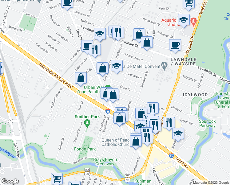map of restaurants, bars, coffee shops, grocery stores, and more near 2008 Dismuke Street in Houston