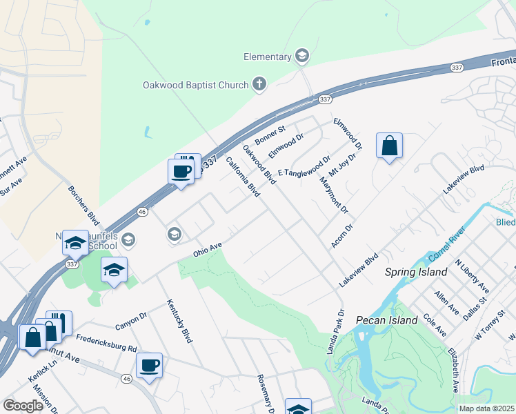 map of restaurants, bars, coffee shops, grocery stores, and more near 657 California Boulevard in New Braunfels