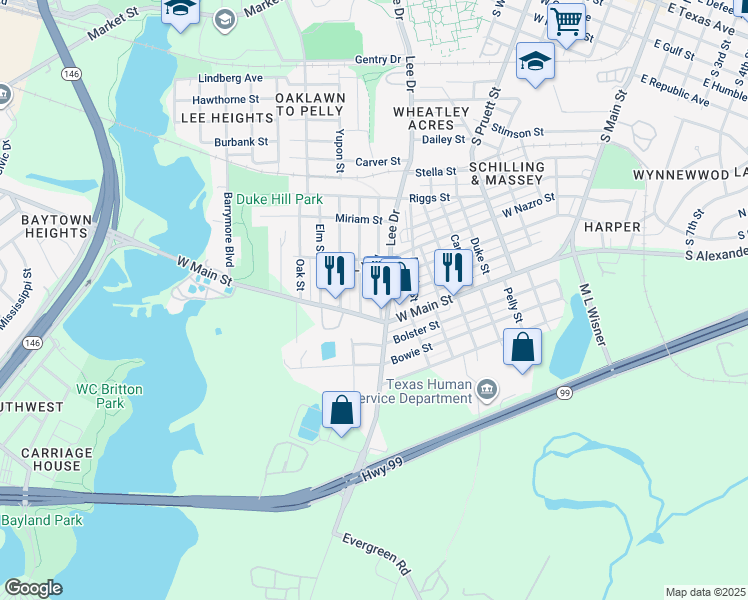 map of restaurants, bars, coffee shops, grocery stores, and more near 1613 Ash St in Baytown