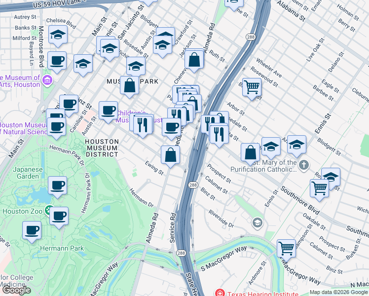 map of restaurants, bars, coffee shops, grocery stores, and more near 5445 Almeda Road in Houston