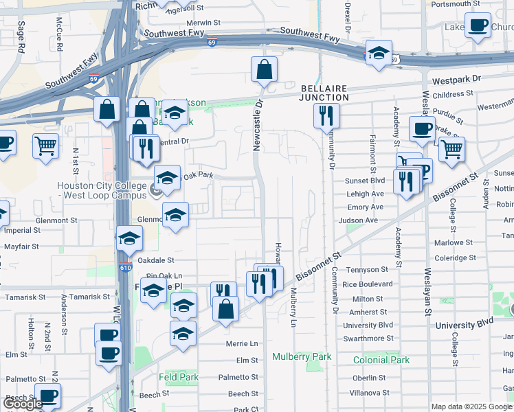 map of restaurants, bars, coffee shops, grocery stores, and more near 5454 Newcastle Street in Houston
